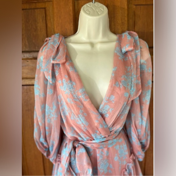 saints + secrets Dresses & Skirts - Saints + Secrets Pink Floral Ruffle Mini Dress Bow Shoulders Anthropologie
